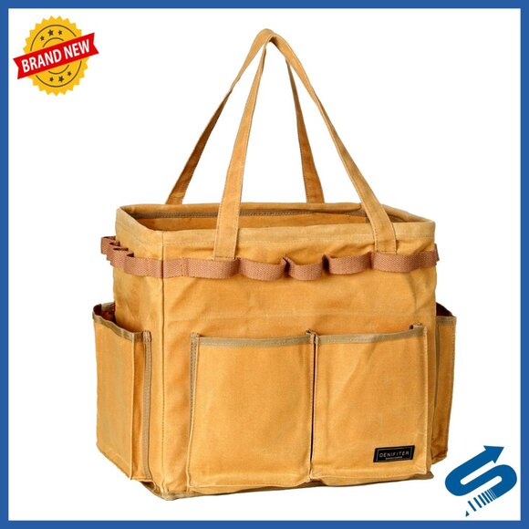 Durable Waxed Canvas Tool Bag Foldable Open Top Organizer with Metal Frame